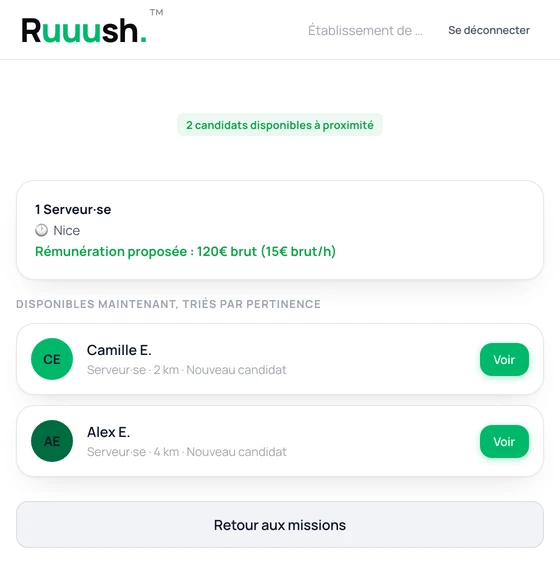 Aperçu du matching : une recherche de serveur à Nice et deux profils de démonstration classés par proximité, à 2 et 4 kilomètres. Chaque profil propose le bouton Voir.