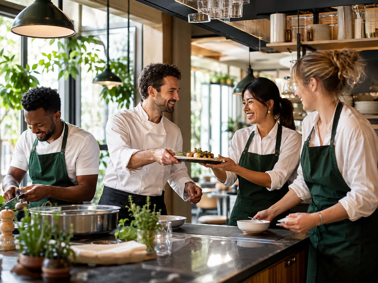 Une équipe de restauration prépare le service ensemble.